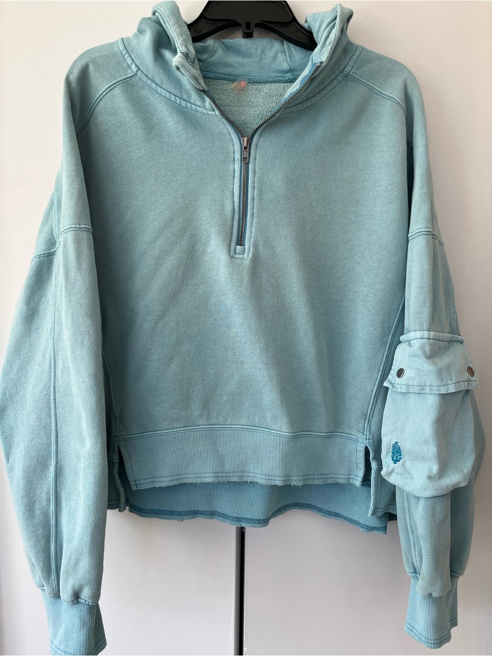 FP Movement by Free People Light Blue Quarter-Zip Hoodie Aqua Oversized Chunky